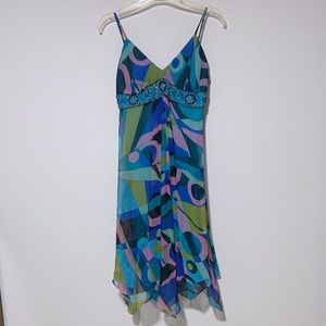 Sue Wong print silk chiffon beaded handkerchief dress. Size 4 but fits like 2.